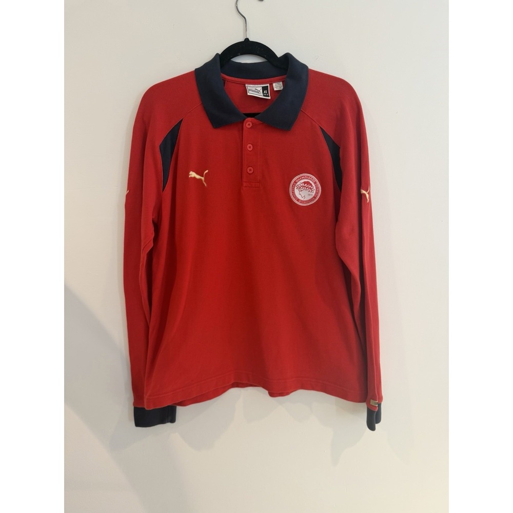 PUMA Olympiacos Football Club Vintage Polo Shirt Youth XL Mens M Long Sleeve Red